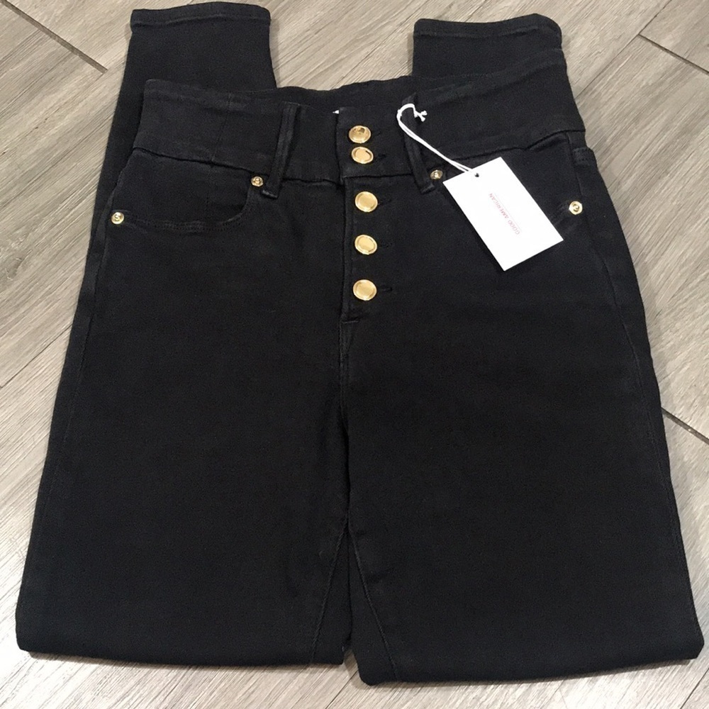 Good American “Corset” Deep Black with Exposed Gold Button Fly Good Waist‎ Jeans